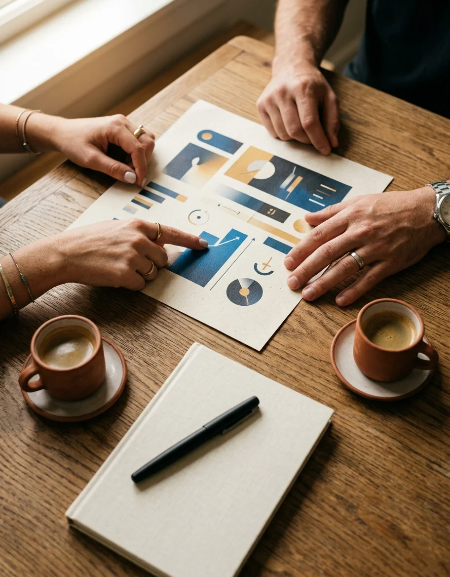Deux personnes analysant ensemble un document stratégique avec graphiques, tasses terracotta sur table en bois — accompagnement marketing de dirigeants de PME