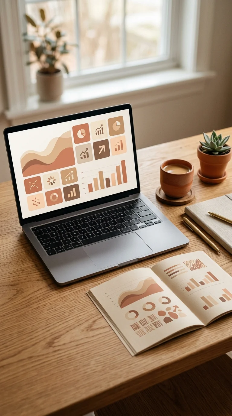 Clean laptop displaying a terracotta ROI dashboard on a wooden desk — steering by an outsourced marketing director