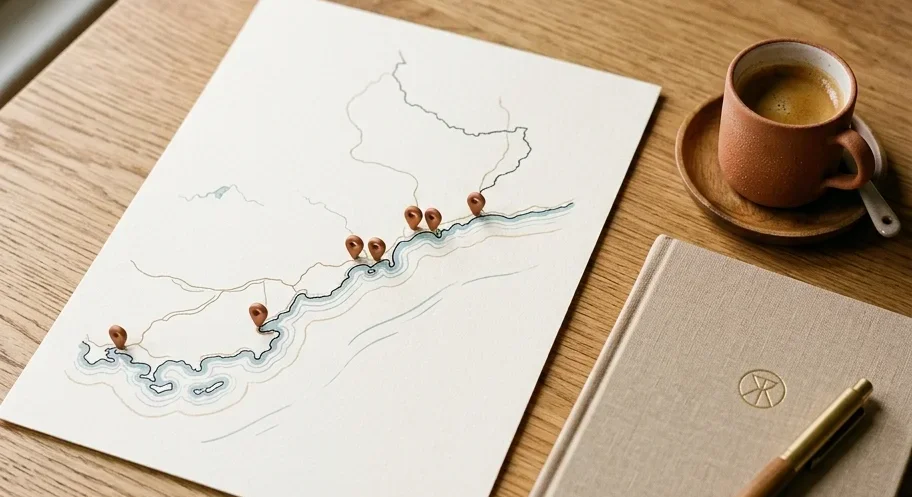 Printed map of the French Riviera coastline with terracotta pins marking the cities — local B2B marketing for decision-makers
