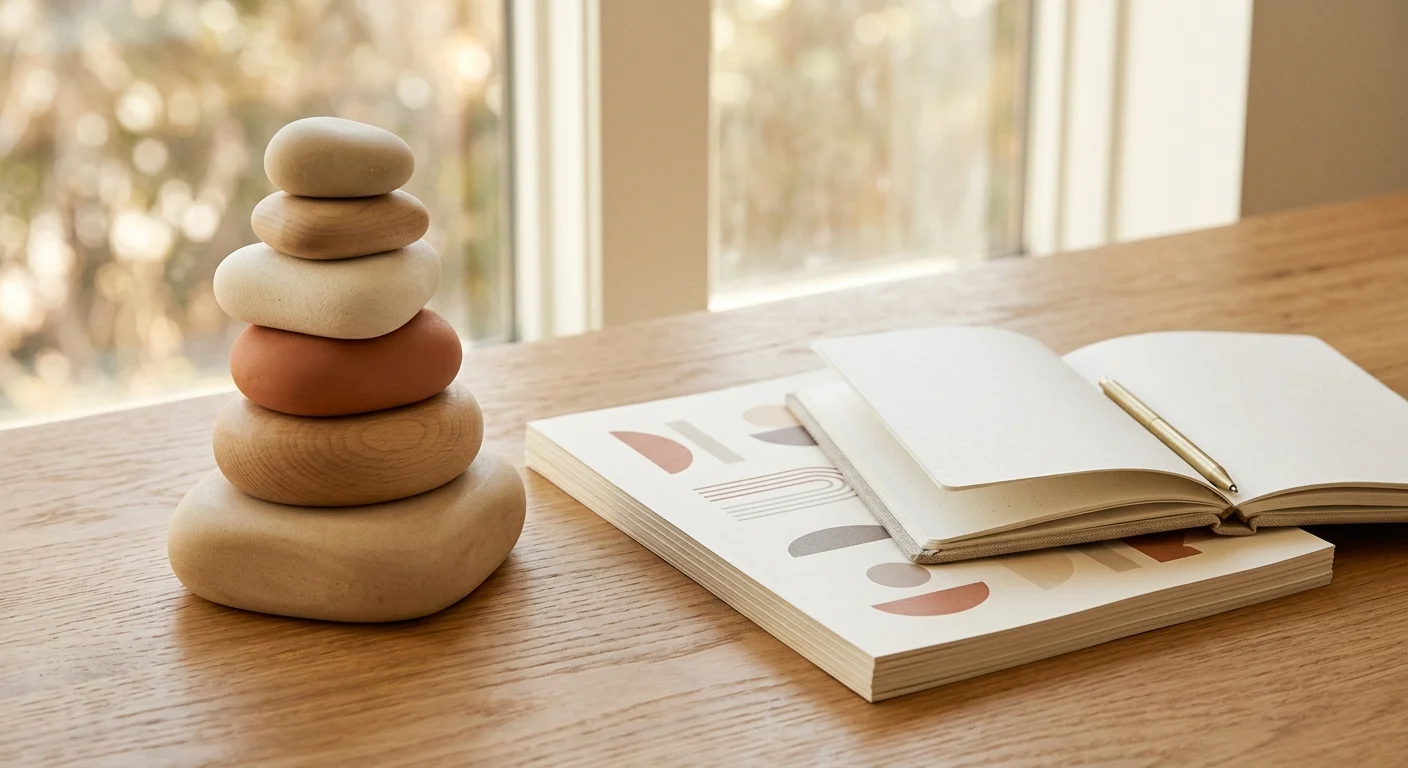 Stack of beige and terracotta stones forming a base, next to brand documents — foundations of brand strategy and positioning