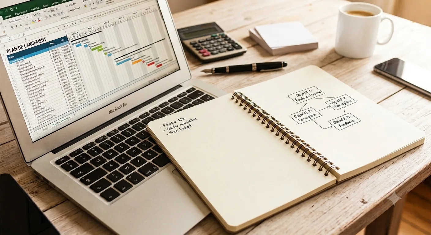 Plan de lancement et diagramme de Gantt à l'écran avec carnet d'objectifs — préparation Go-To-Market
